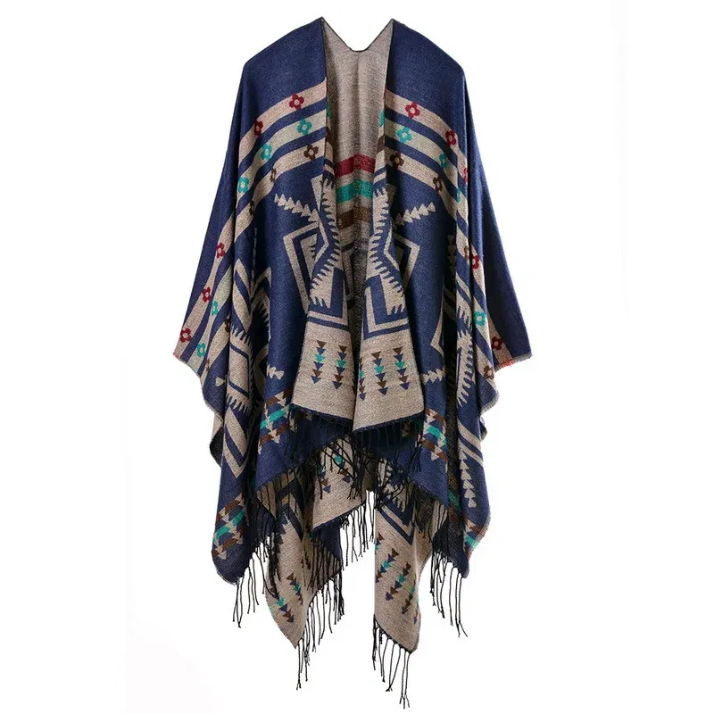 Color: Dark Grey, Size: One Size, Ships From: CHINA - European American Popular Tassel Thickened Cashmere Like National Style Travel Fork Shawl Scarf in autumn Ponchos Capes