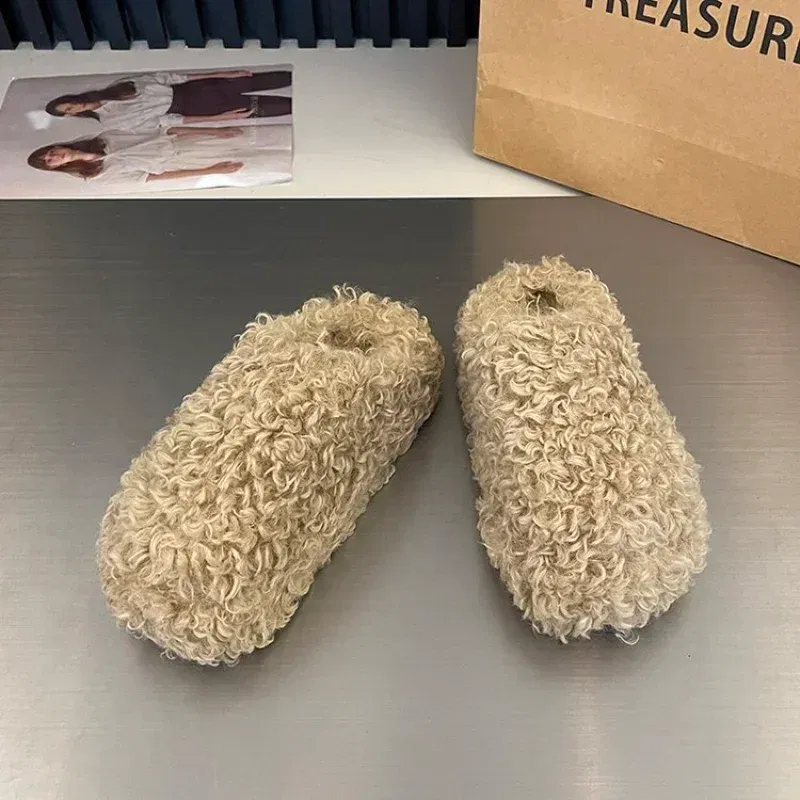 Color: Beige, Shoe Size: 37 - Thick Heel Luxury Lambwool Mules  Winter Shoes Woman Flip Flops Flat Cover Toe Slides Ins Warm Curly Lamb Fur Slippers Women