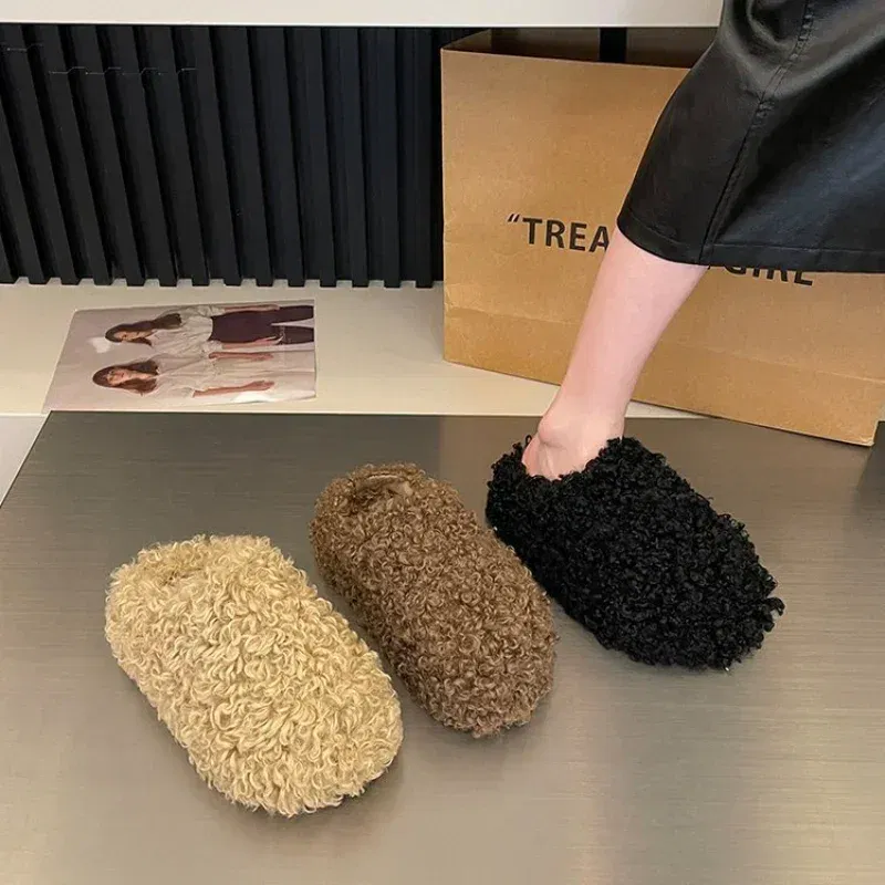 Color: Beige, Shoe Size: 37 - Thick Heel Luxury Lambwool Mules  Winter Shoes Woman Flip Flops Flat Cover Toe Slides Ins Warm Curly Lamb Fur Slippers Women