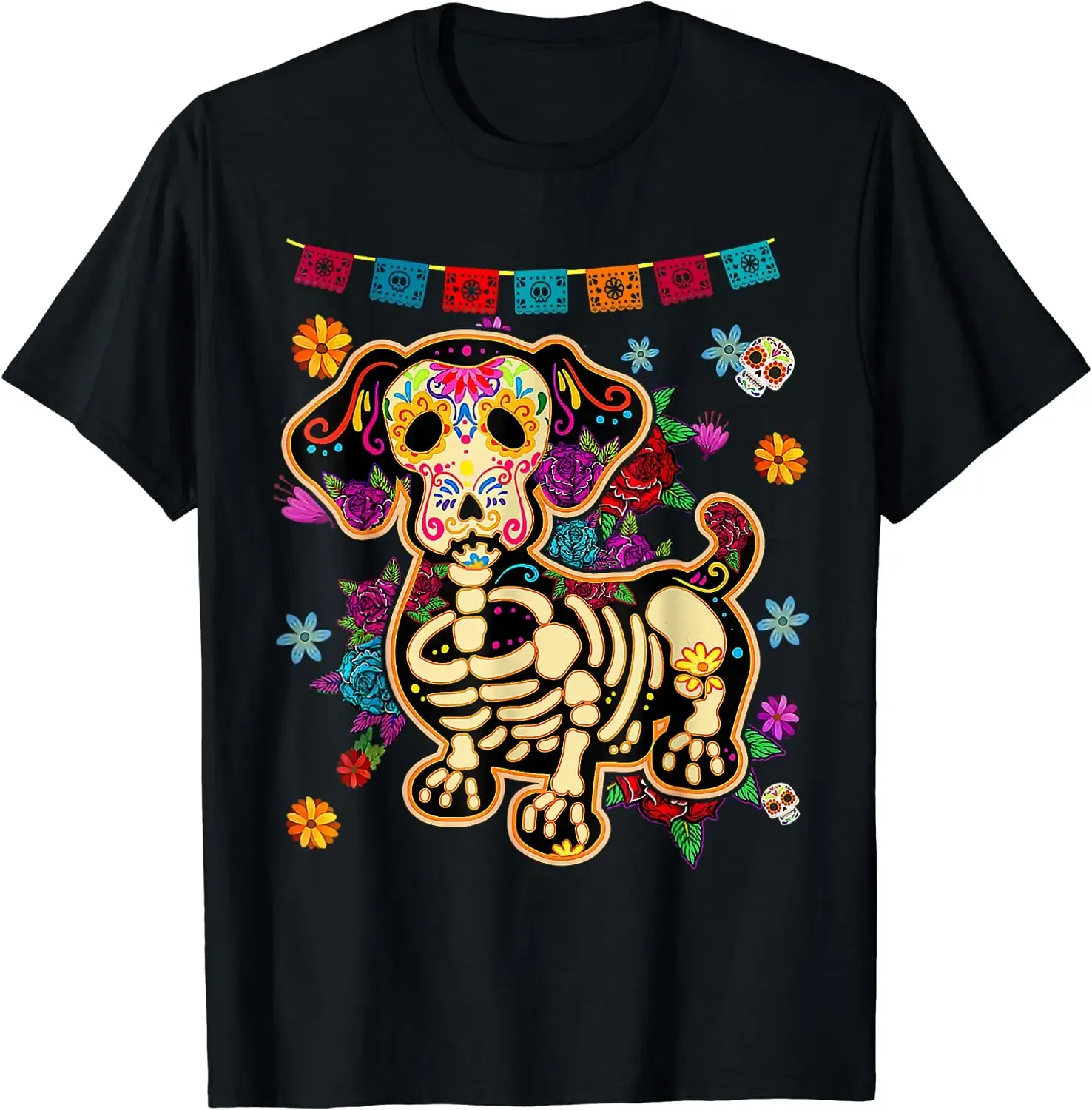 Color: WHITE, Size: 4XL - Sugar Skull Mexican Dachshund Bone Halloween Day of Dead T-Shirt Casual Cotton Four Seasons Graphic T Shirts Funny T Shirts