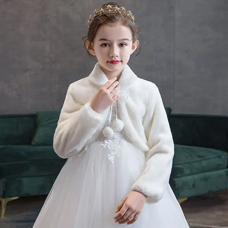 Color: Beige, Kid Size: 4T - Kids Girls Princess Thicken Plush Jacket Crop Wraps Shawl Flower Girls Long Sleeves Bolero Warm Cape Wedding Birthday Party Coat