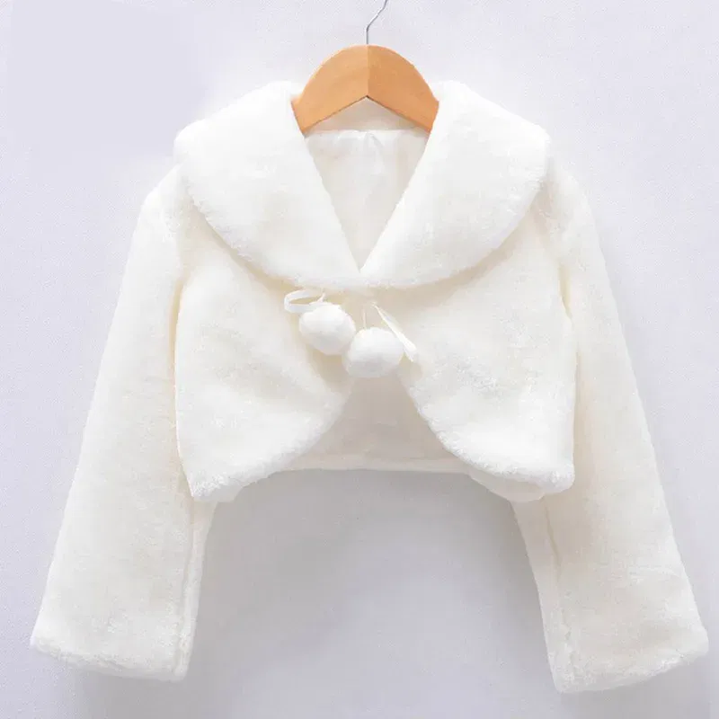 Color: Beige, Kid Size: 4T - Kids Girls Princess Thicken Plush Jacket Crop Wraps Shawl Flower Girls Long Sleeves Bolero Warm Cape Wedding Birthday Party Coat