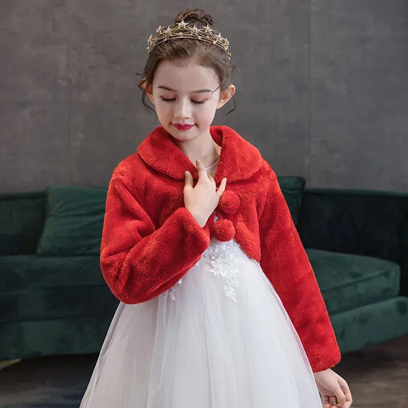 Color: Beige, Kid Size: 4T - Kids Girls Princess Thicken Plush Jacket Crop Wraps Shawl Flower Girls Long Sleeves Bolero Warm Cape Wedding Birthday Party Coat