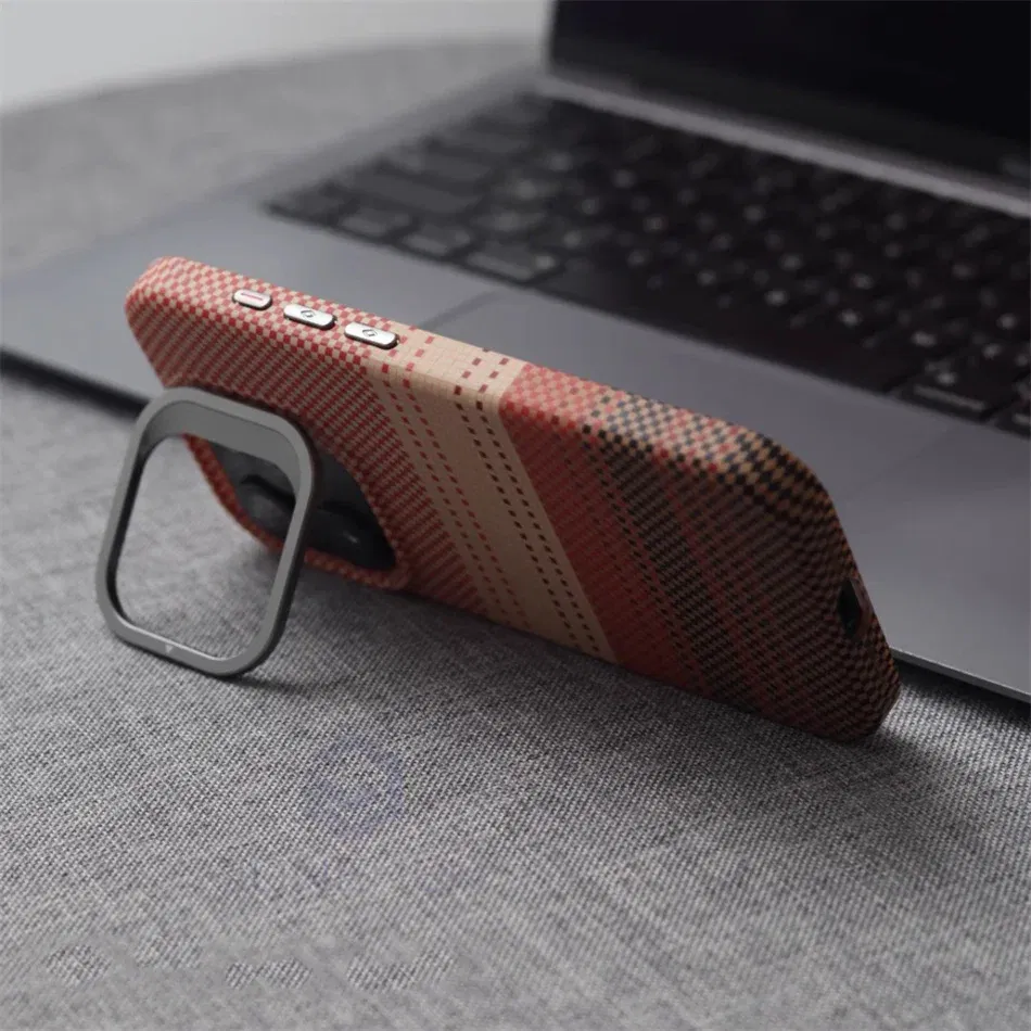 Color: GRAY, Material: Nylon - Luxury Magnetic Stand Metal Lens Relief Carbon Fibre Pattern For Magsafe Case For iPhone 15 14 13 Pro Max Shockproof  Back Cover