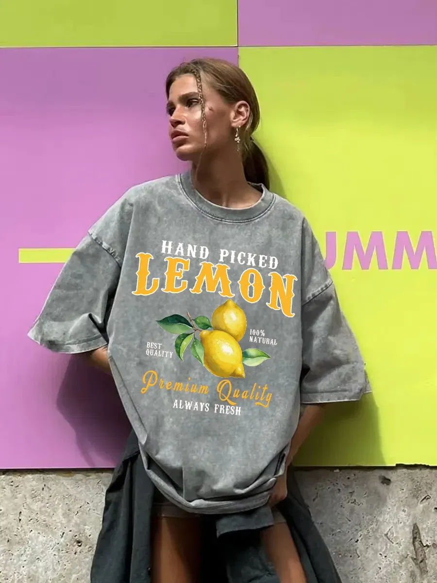 Color: GRAY, Size: XL - Summer Lemon Washed T-Shirts Womens Cotton Oversized O-Neck T Shirts Fresh Fruit Prints Tops Casual Short Sleeve Woman Clothes