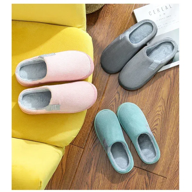 Color: Grass-Green, Shoe Size: 33.5 - New Winter Household Warm Furry Women Men Shoes Indoor Slippers Bedroom Cotton Slippers  Plush Home Slippers Ladies Flip Flops