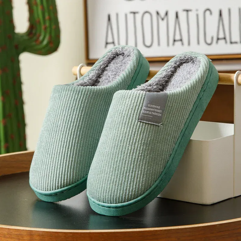 Color: Grass-Green, Shoe Size: 33.5 - New Winter Household Warm Furry Women Men Shoes Indoor Slippers Bedroom Cotton Slippers  Plush Home Slippers Ladies Flip Flops