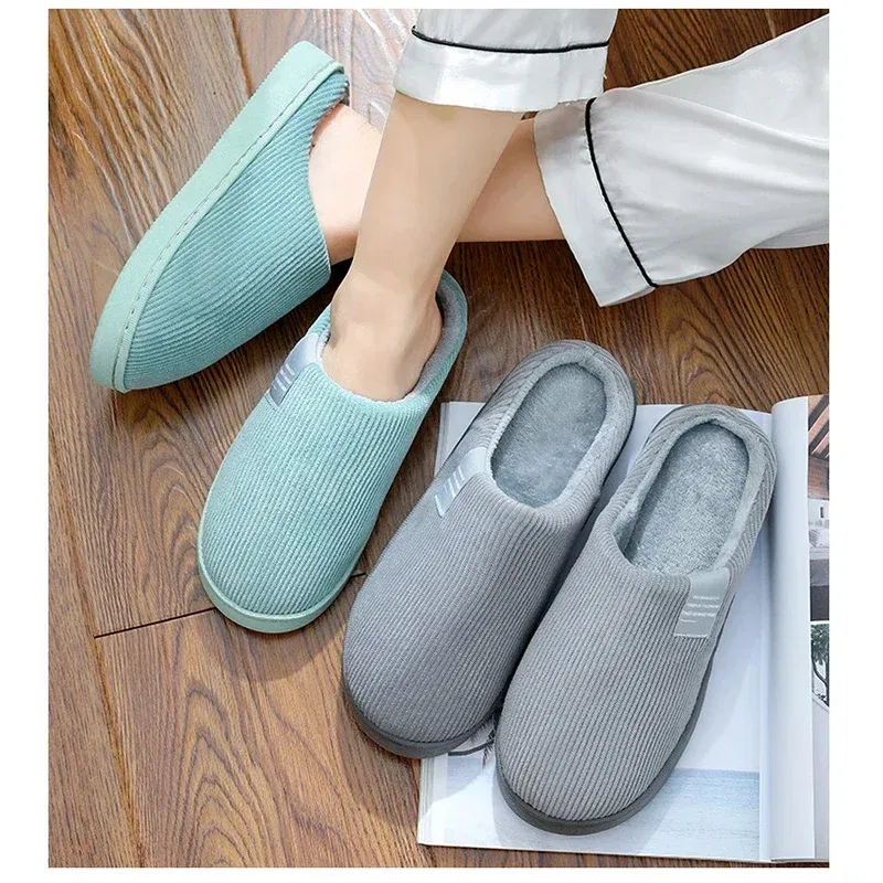 Color: Grass-Green, Shoe Size: 33.5 - New Winter Household Warm Furry Women Men Shoes Indoor Slippers Bedroom Cotton Slippers  Plush Home Slippers Ladies Flip Flops