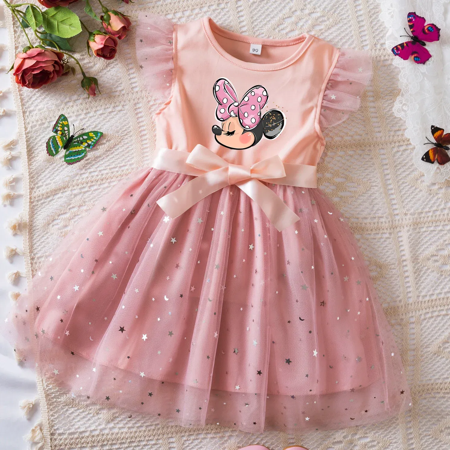 Color: Dark Grey, Size: XL - Mickey Minnie Mouse Girls Summer Clothes Flying Sleeves Bow Sequin Dress 2-6Y Kid Birthday Tutu Princess Dress for Baby Girl