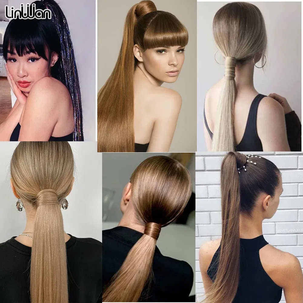 Color: P2/613 - LINWAN Synthetic Long Straight Wrap Around Clip In Ponytail Hair Extension Heat Reistan Pony Tail Fake Hair