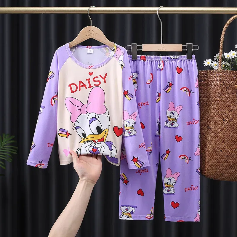 Color: Beige, Kid Size: 12t - 2pcs/set New Children Pyjamas Minnie Elsa Duck Cartoon Girls Sets Kid Home Wear boys and girls Travel Casual Sleepwear Suit