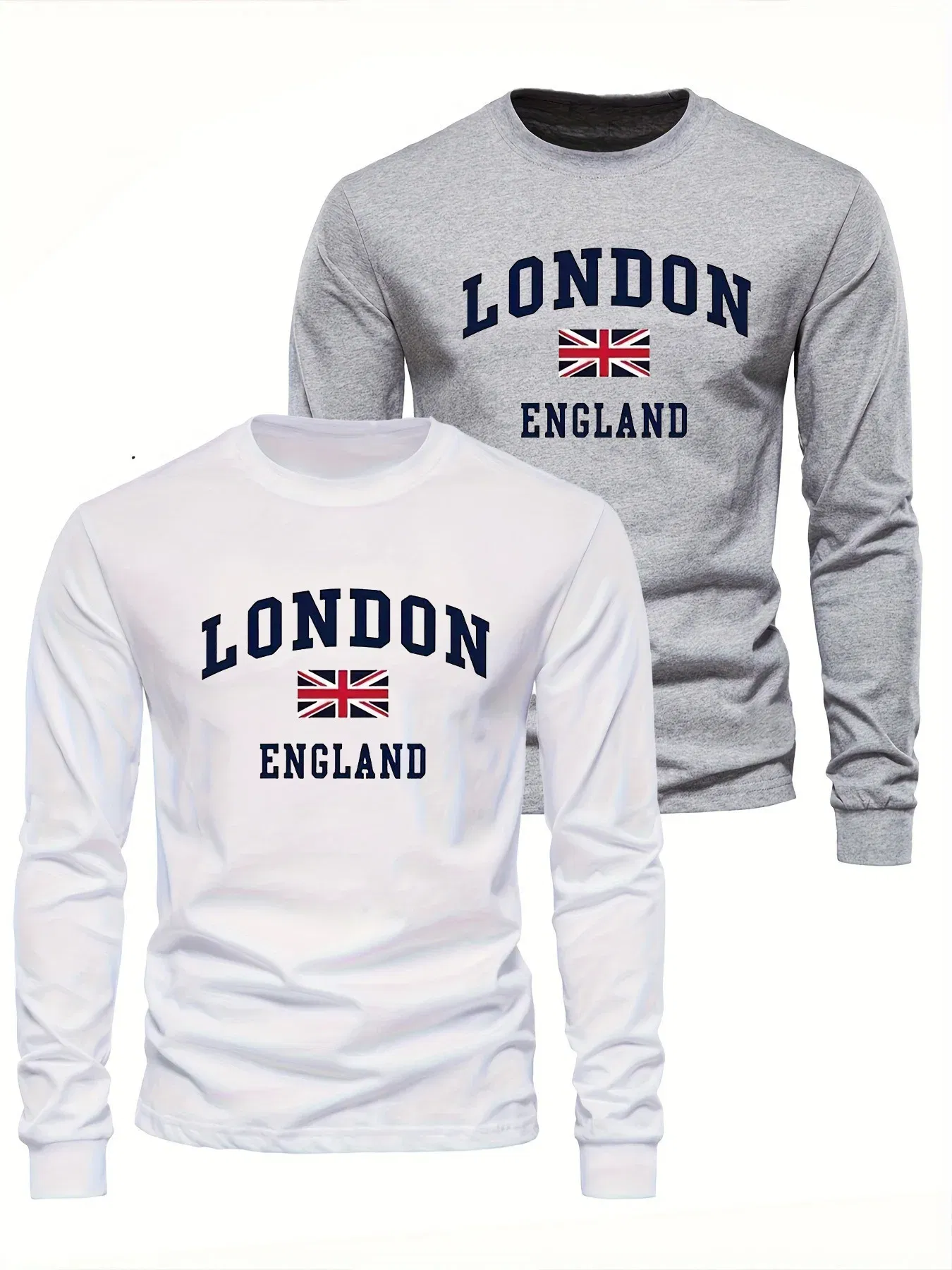 Color: WHITE, Size: XXL - Spring and Autumn 100% Cotton Men's London ENGLAND Letter Printed Loose Sport and Leisure Round Neck Long Sleeve T-shirt