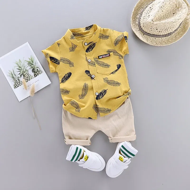 Color: Yellow, Kid Size: 12M - 0-3 Year Old Baby Summer Feather Print Shirt Short Sleeve Suit