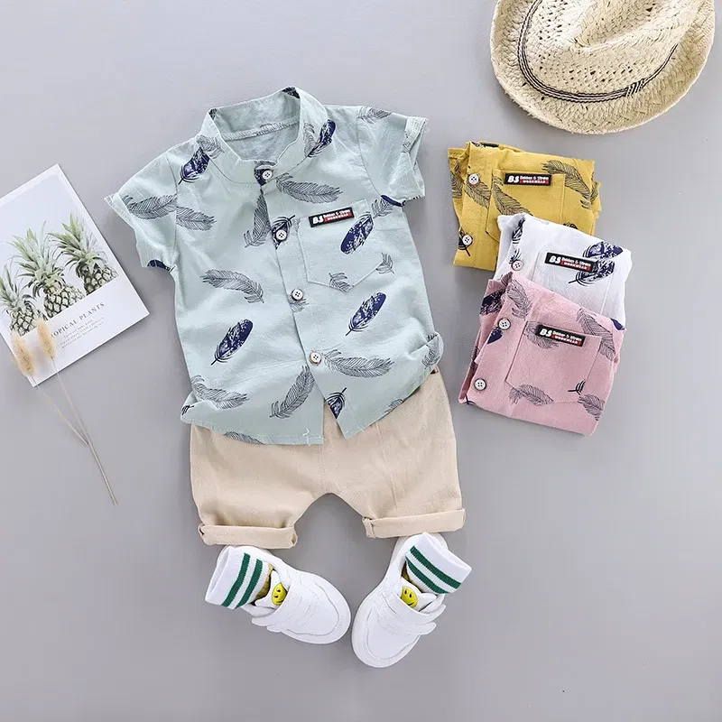 Color: Yellow, Kid Size: 12M - 0-3 Year Old Baby Summer Feather Print Shirt Short Sleeve Suit