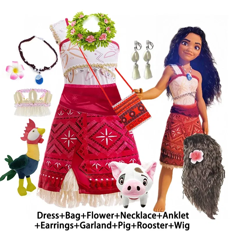 Color: army green, Kid Size: 15t - Disney Movie Moana 2 Girl Dress Cosplay Party Costume Ocean Adventure Princess Fancy Clothes Children Vaiana Outfit Dress