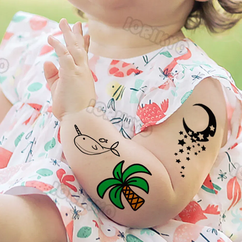 Color: dark blue - Funny Whale Tree Temporary Tattoo For Child Boy Face Neck Girls Son Daughter Fake Moon Tattoos Sticker Cartoon Transfer Tatoos