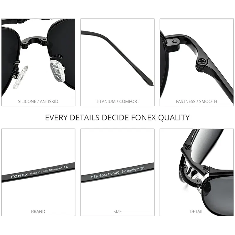Lenses Color: GRAY - FONEX Pure Titanium Polarized Sunglasses Men Folding Classic Square Sun Glasses for Men New High Quality Male Shades 839