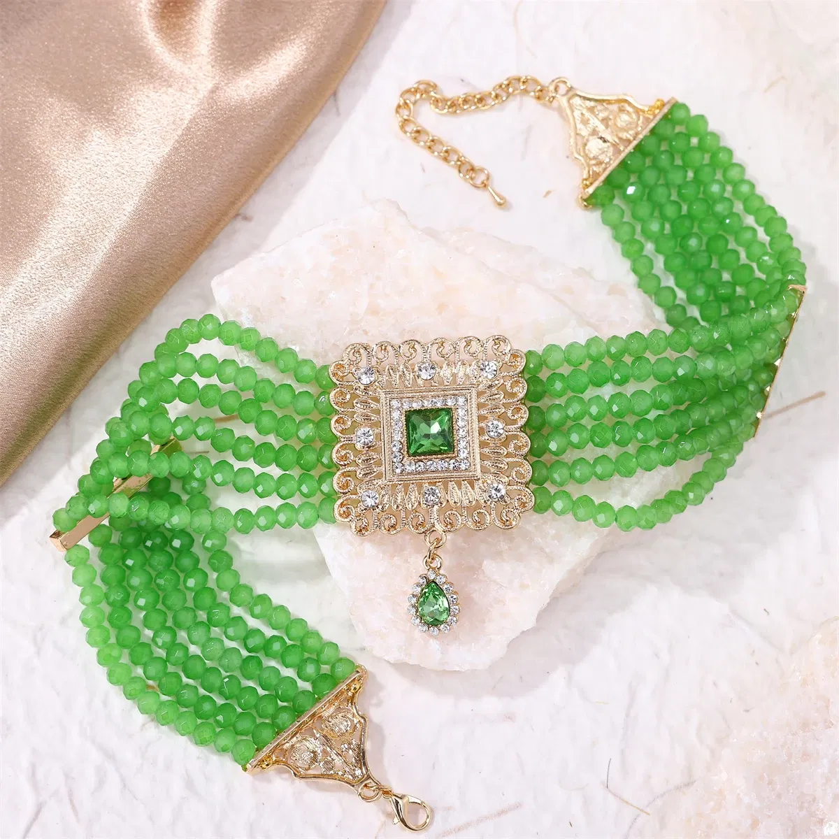 Metal color: Gold-color - Hand Beaded Necklaces Water Drop Pendants Beaded Necklaces For Arab Brides