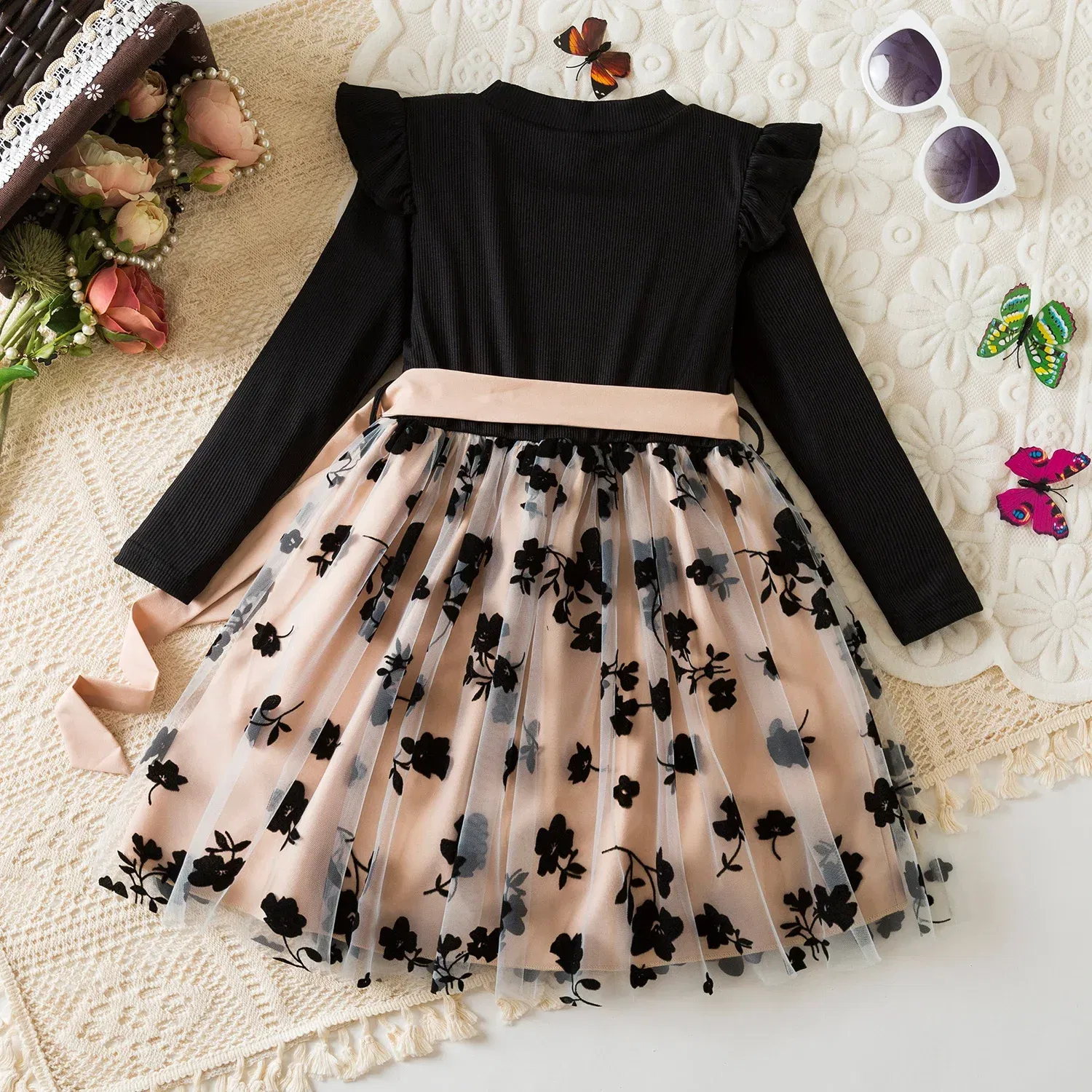 Color: black, Kid Size: 4T - Spring Autumn Full Sleeve Dress for Girls 3 to 8 Yrs Flower Girl Dress Children's Casual Clothing New Long Seelve Princess Dress