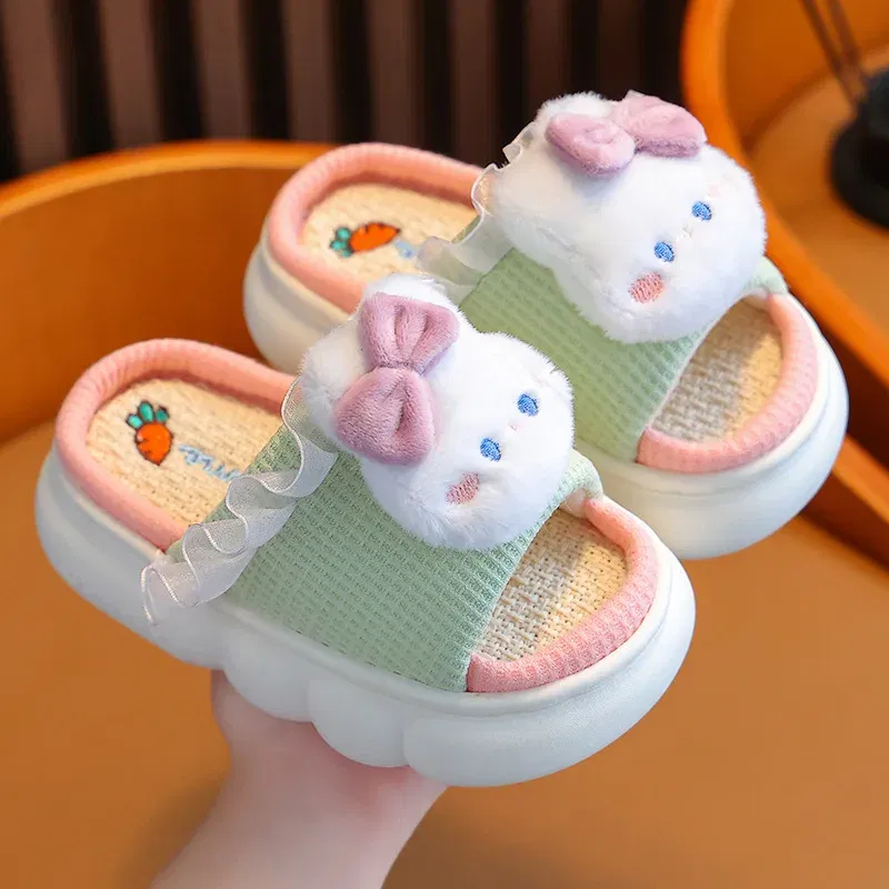 Color: Beige, Shoe Size: 4.5 - Women's Slippers Casual Cute Cartoon Open Toe Platform Slippers Girls' Breathable, Lightweight, Non-slip Home Shoes