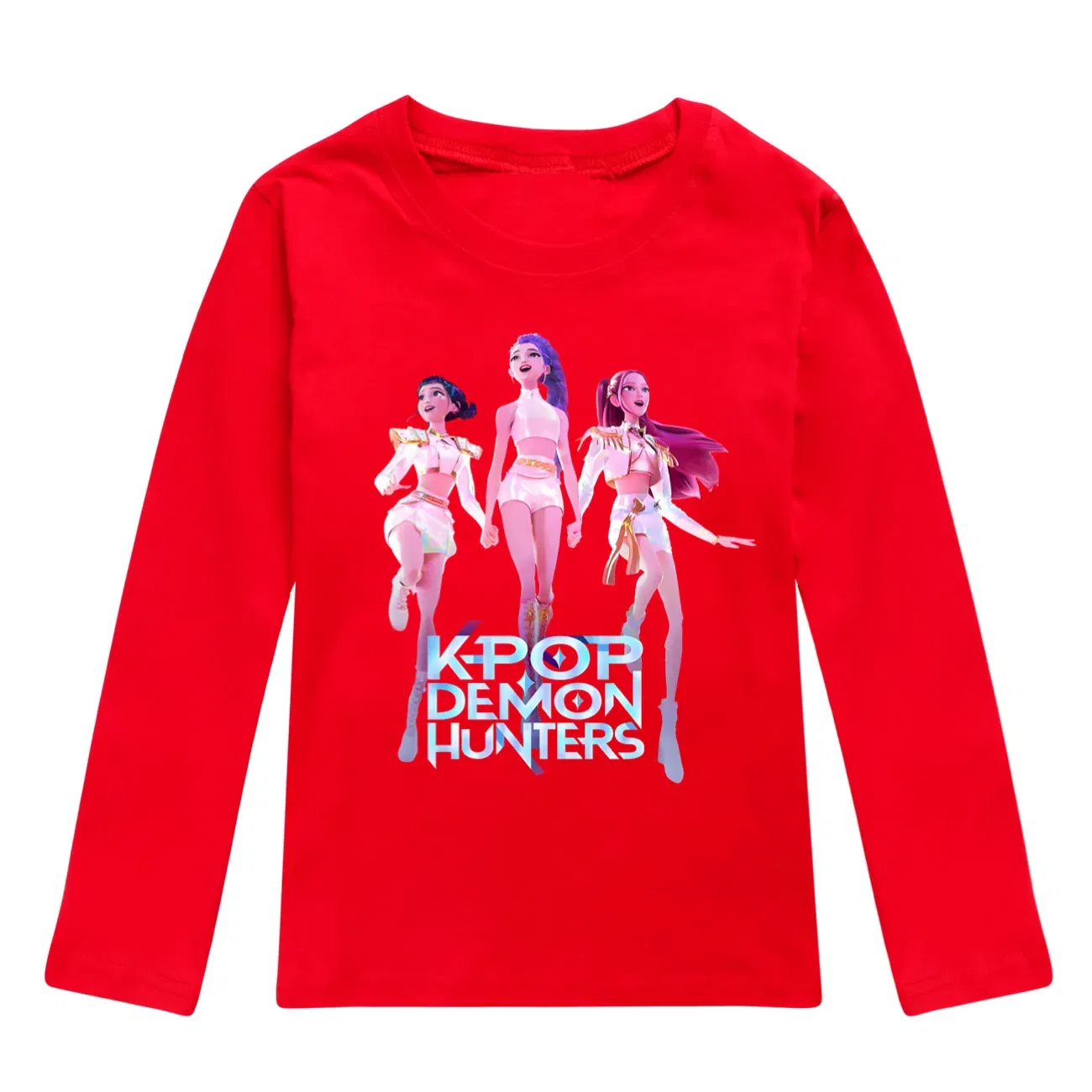 Color: GRAY, Kid Size: 8 - KPop Demon Hunters Huntrix Tshirt Kids Clothes Teenage Boys O-Neck Cartoon Casual T-shirts Girls Long Sleeve Tops Child Clothing