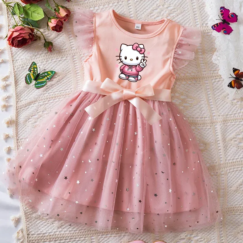 Color: Brown, Kid Size: 4T - Hello Kitty Girls Sequin Tutu Dress with Bow Flutter Sleeves Summer Princess Party Outfit for Toddler Kids 2-6 Years