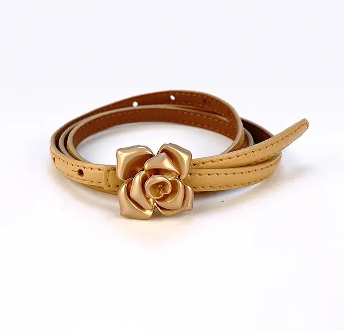Color: Apricot, Belt Length: 105CM - 1.0cm New Unique Rose Genuine Leather Gold Belt Women Fashion Cowskin Flower Thin Belts Female Jeans Dress Waistband
