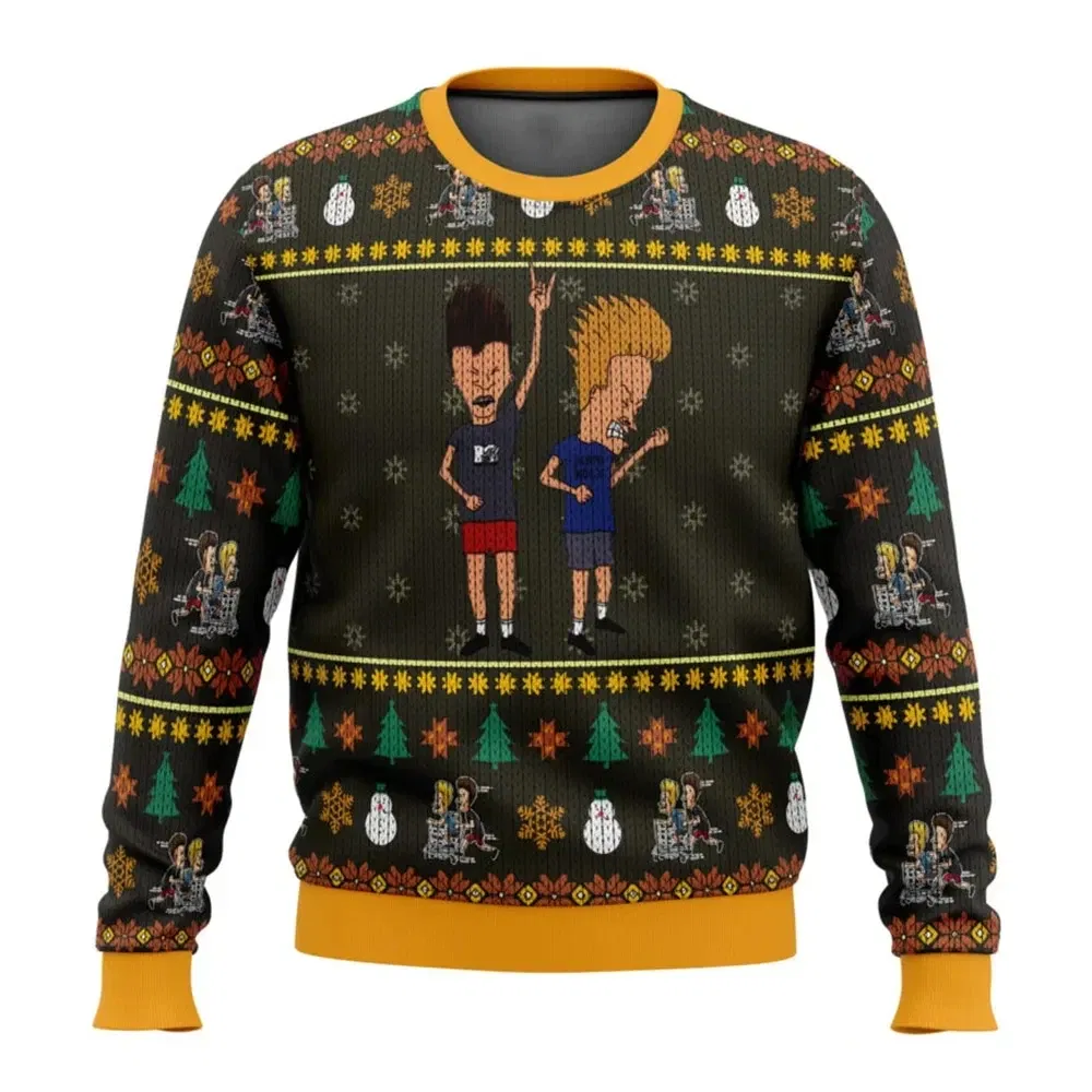 Color: Beige, Size: S - Xmas Rock Beavis and Butthead Ugly Christmas Sweater Cartoon Anime Women Men Pullover Tops New Fashion Couple Hoodie Sweatshirt
