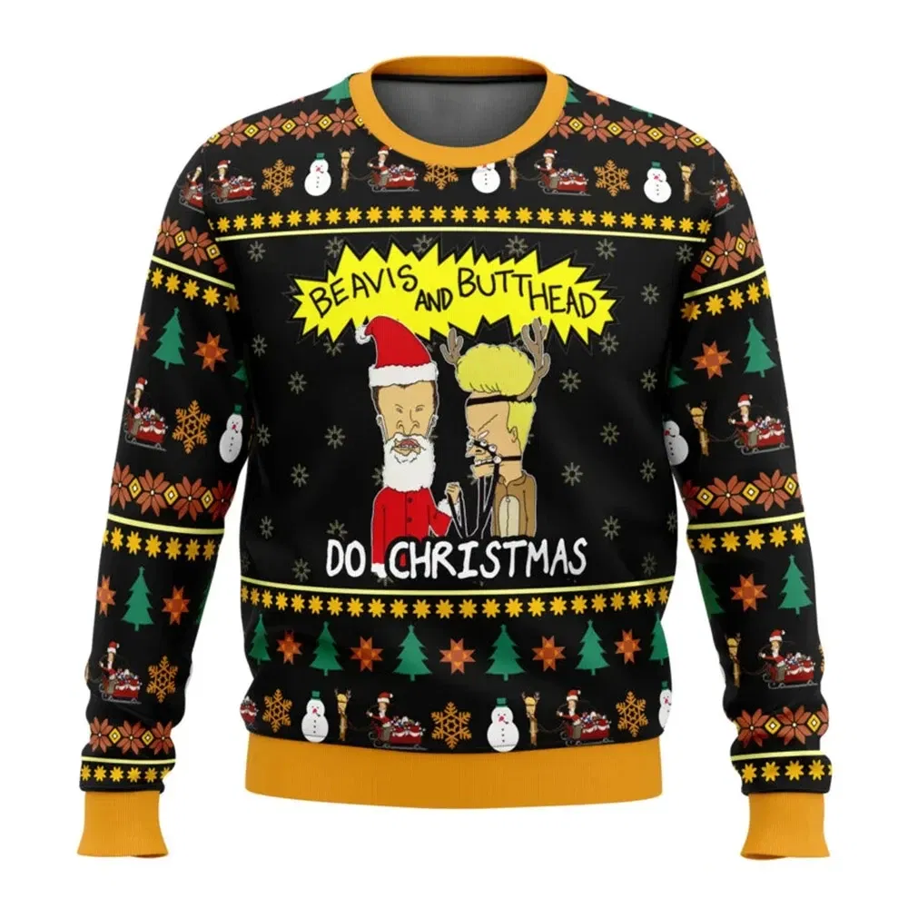 Color: Beige, Size: S - Xmas Rock Beavis and Butthead Ugly Christmas Sweater Cartoon Anime Women Men Pullover Tops New Fashion Couple Hoodie Sweatshirt