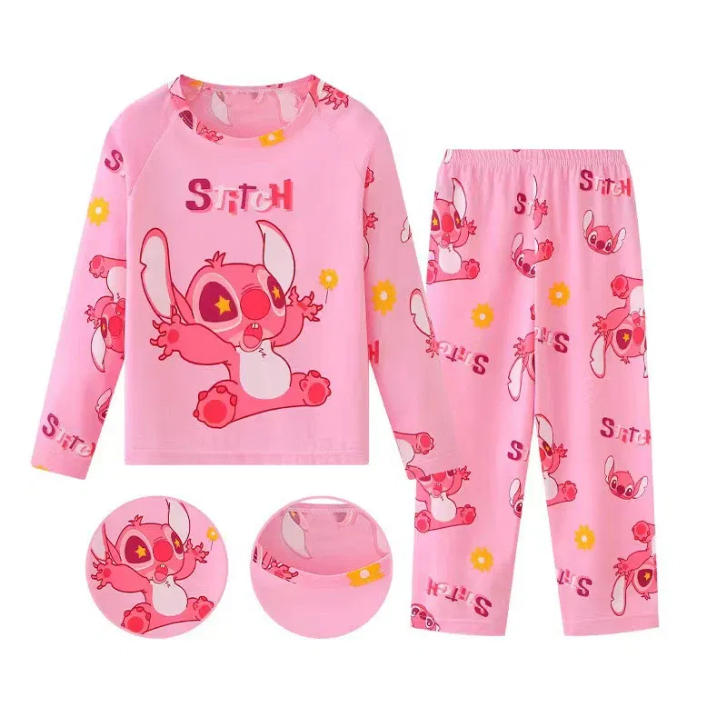 Color: Rose Red, Kid Size: 12t - New Pajama Boys Girls Pajamas Stitch Clothing Sets Kids Long Sleeve +Pant 2Piece Children Home Clothing Girl Nightgown