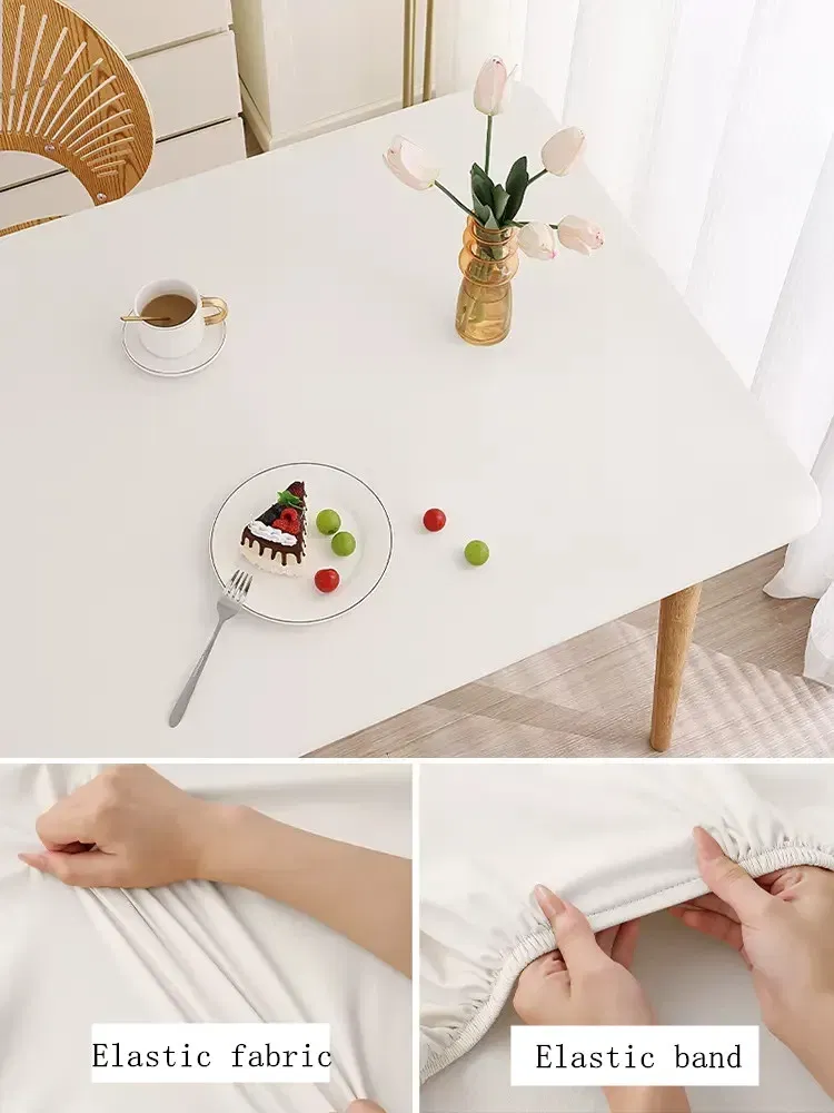 Color: Light Grey, Specification: 90*150cm - Solid color PU leather table cover fixable elastic tablecloth waterproof round square Table cloth custom table protector