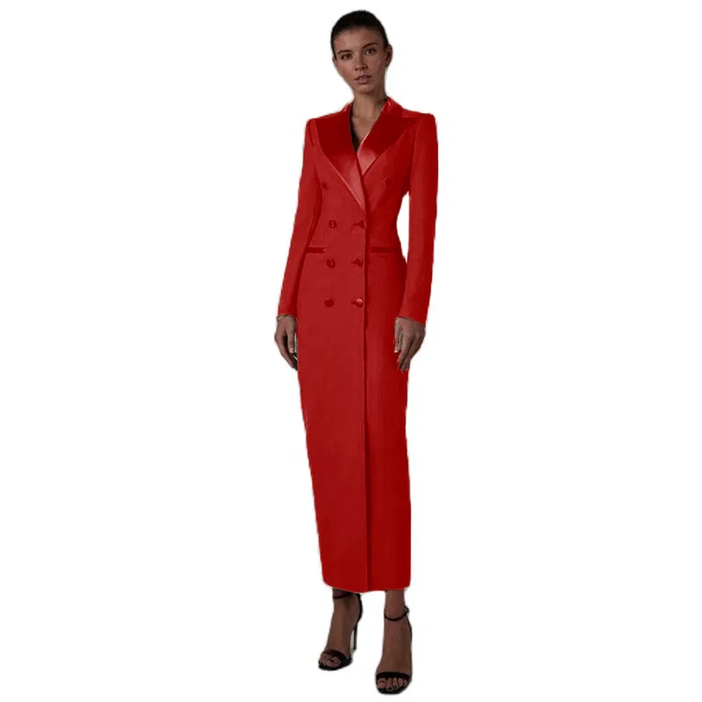Color: Red, Size: S - Women's Suit Long Jacket One Piece Blazer Double Breasted Formal Tuxedo Party Dress кос?‚юм ?¶?µнский