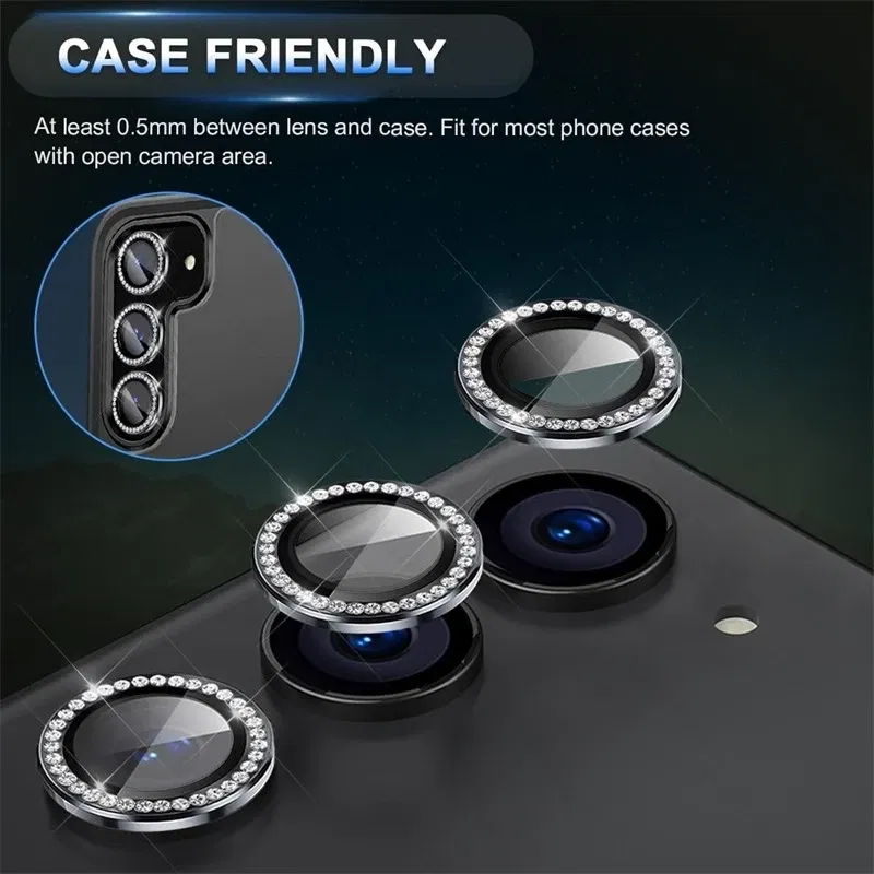 Material: Denim, Color: Blue - Bling 3D Diamond Metal Camera Ring Protector for Samsung Galaxy A55 A35 A25 A15 A05 5G Alloy Lens HD Tempered Glass Protect Cap