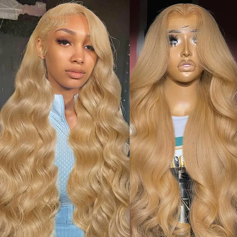  Stretched Length: 30inches, Density: 250%, Lace Size: 13x4 - 13x6 HD Honey Blonde Body Wave Lace Front Wig for Women Pre-Plucked Transparent Lace Frontal Colored #27 Human Hair Wig on Sale