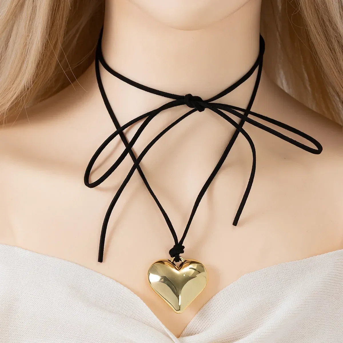 Metal Color: Steel color - Punk Black Velvet Big Heart Pendant Choker Necklace for Women PU Leather Weave Knotted Bowknot Adjustable Chain New Jewelry
