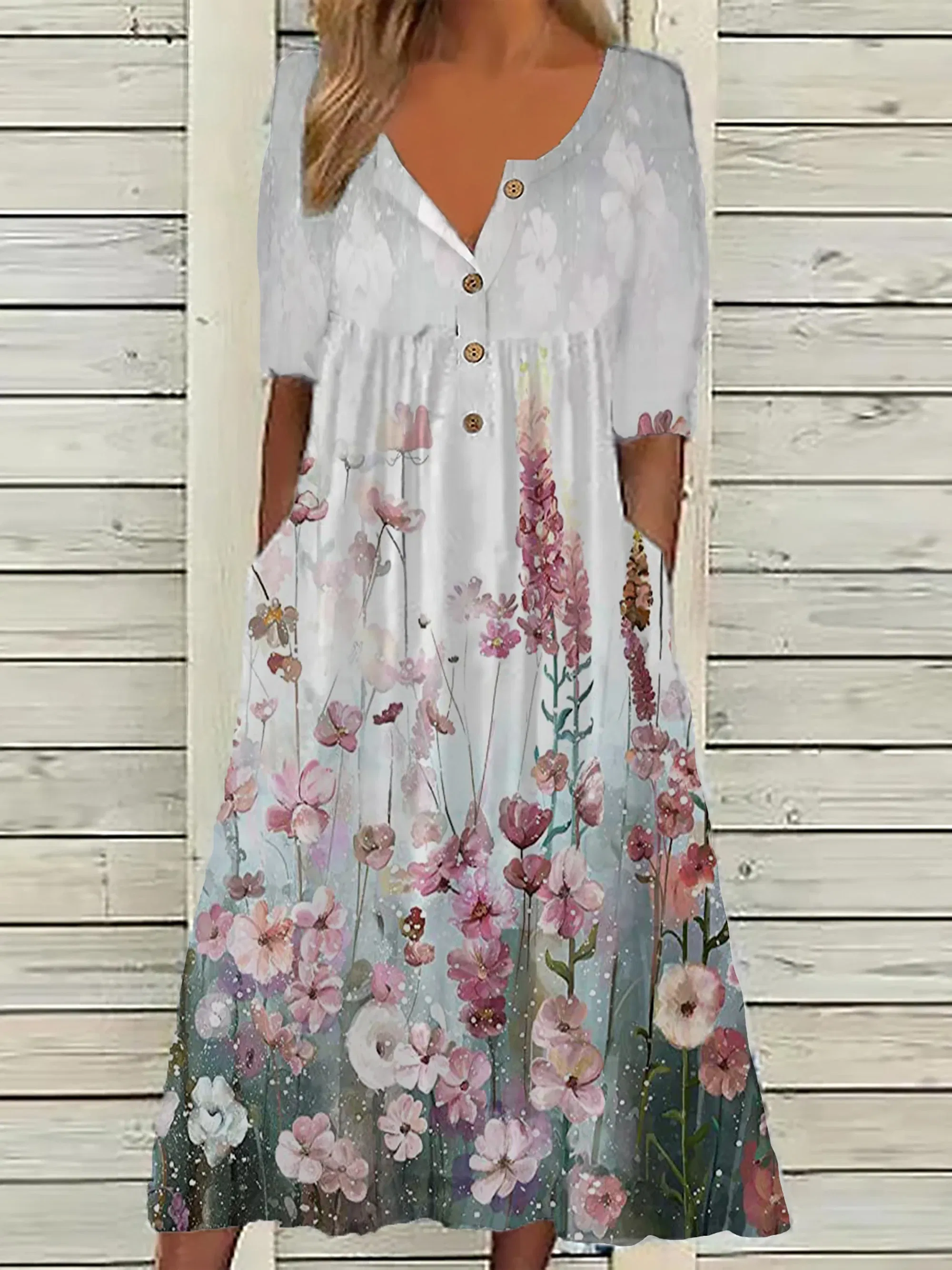 Color: Gold, Size: 4XL - 2024 Europe and the United States spring new fashion printed V-neck button short sleeve plus size women's size women's pocket