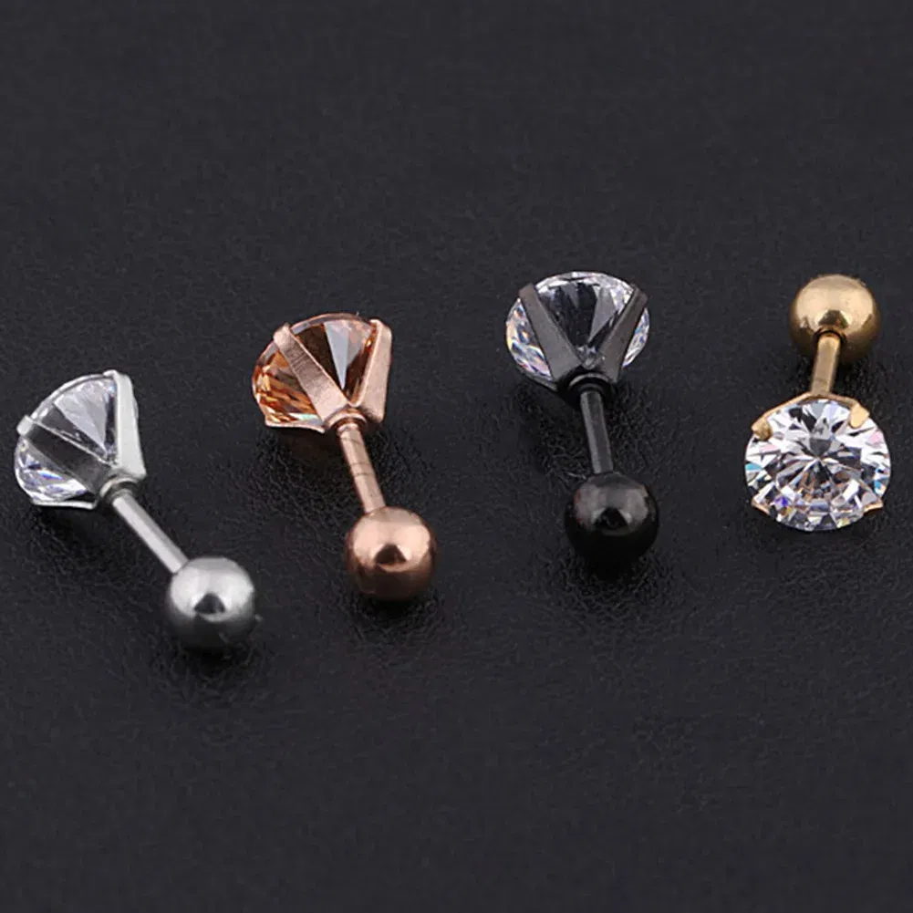 Metal Color: Light Yellow Color, Main Stone Color: black - 1Pc Small Round Cz Tragus Cartilage Titanium Steel 16G 4 Prong Ear Stud Earrings Tragus Helix Piercing Jewelry Sexy Body Jewelry