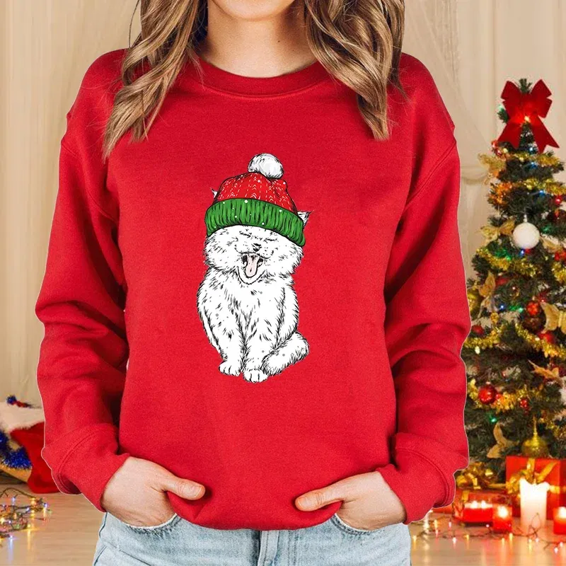 Color: black, Size: XXL - New fashion women's Christmas cat sweater long-sleeved round neck pullover sweater fall and winter Christmas women's tops