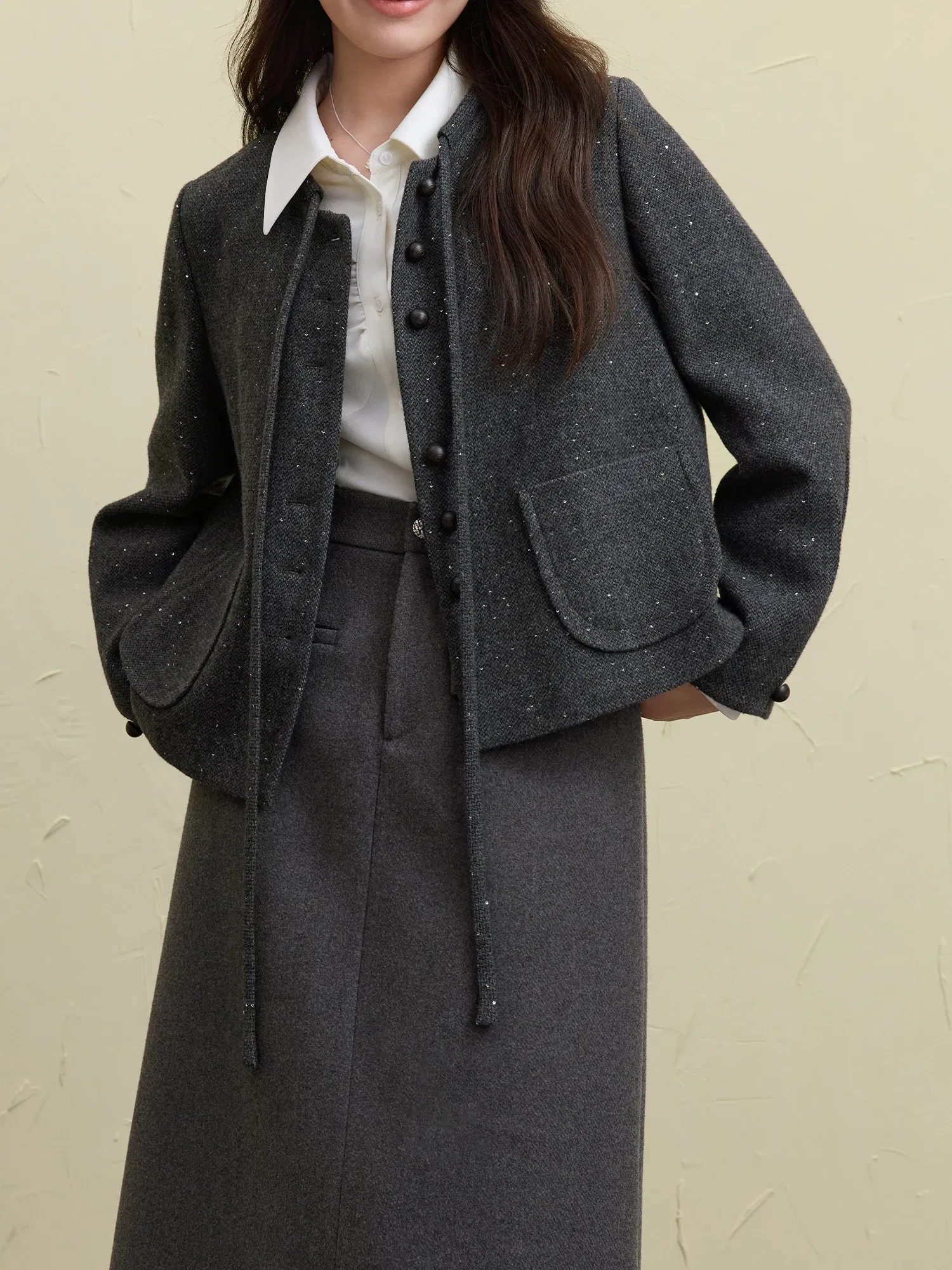 Color: GRAY, Size: XL - DUSHU 27.7% Wool Women Grey Short Jackets Sequins Design Female Round Neck Front Shoulder Woolen Coats 24DS84647