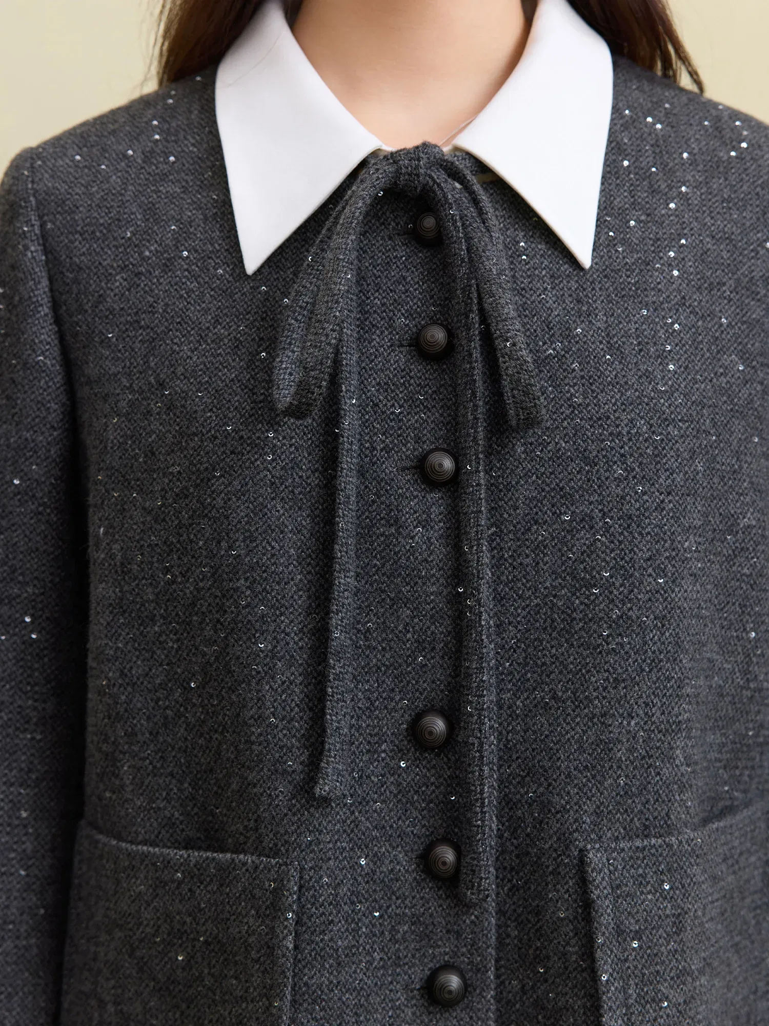 Color: GRAY, Size: XL - DUSHU 27.7% Wool Women Grey Short Jackets Sequins Design Female Round Neck Front Shoulder Woolen Coats 24DS84647