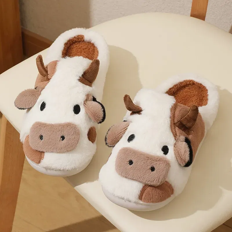 Color: black, Shoe Size: 43 - New Winter Unisex Cartoon Cow Warm Plush Slippers Couple's Indoor Non-slip House Mule Men And Women Toe Wrap Home Cotton Shoes
