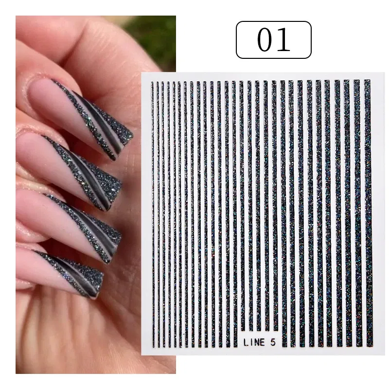 Color: Teal color - White French 3D Nail Stickers Manicure Gradient Line Flower Nail Art Designs Self-Adhesive Nail Tips Guides for DIY Decoration