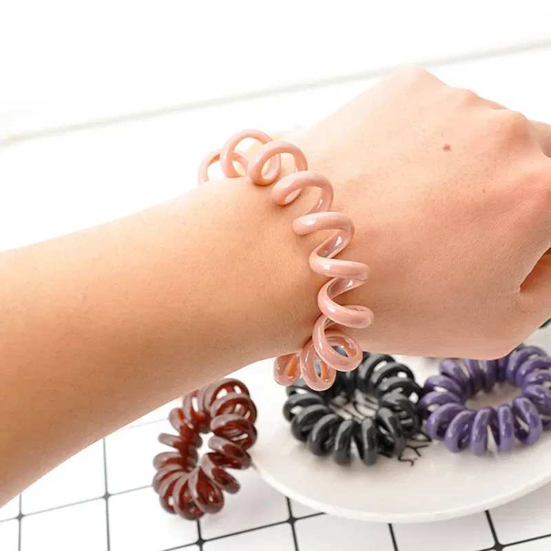 Color: green - High Elasticity Telephone Coil Hairbands Women Spiral Hair Ties Girl Hair Ring Rope Solid Color Hair Accessories Ponytail Holder