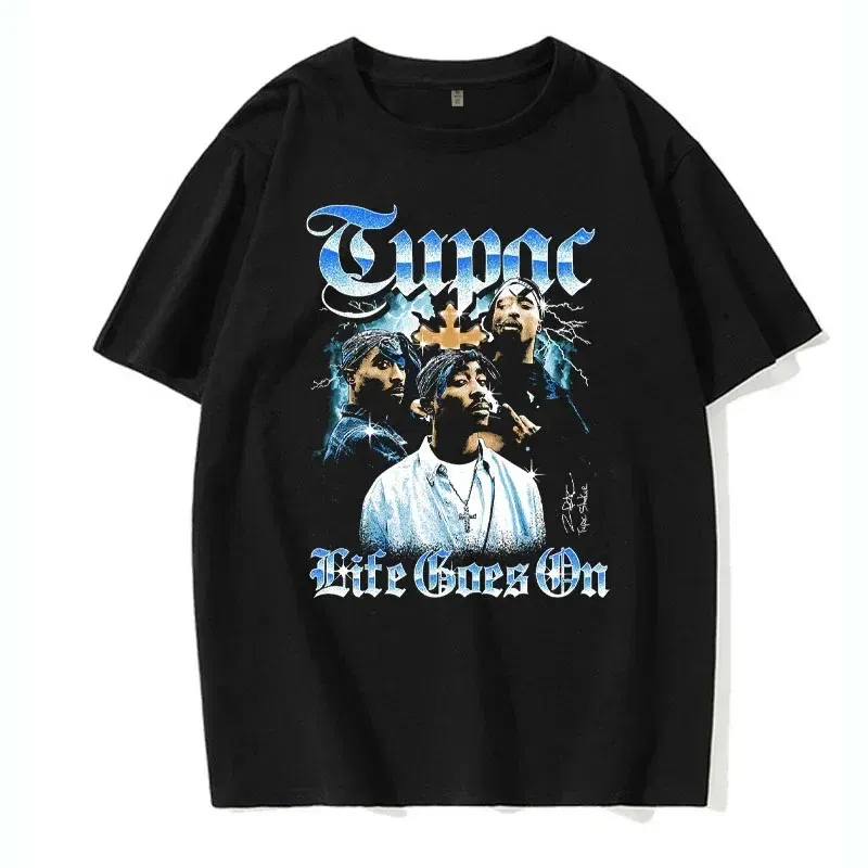 Color: black, Size: XL - Men's Short Sleeved Fashion Rap Singer Tupac 2Pac Printed Top Harajuku Printed T-shirt Casual Basic O-neck T-shirt
