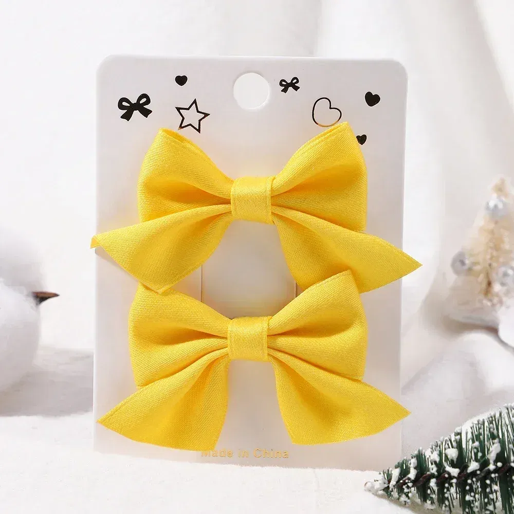 Color: Gold - 2Pcs/Set Solid Color Kids Bows Hair Clips for Baby Girls Handmade Plaid Bowknot Hairpin Barrettes Photograph Hair Accessories