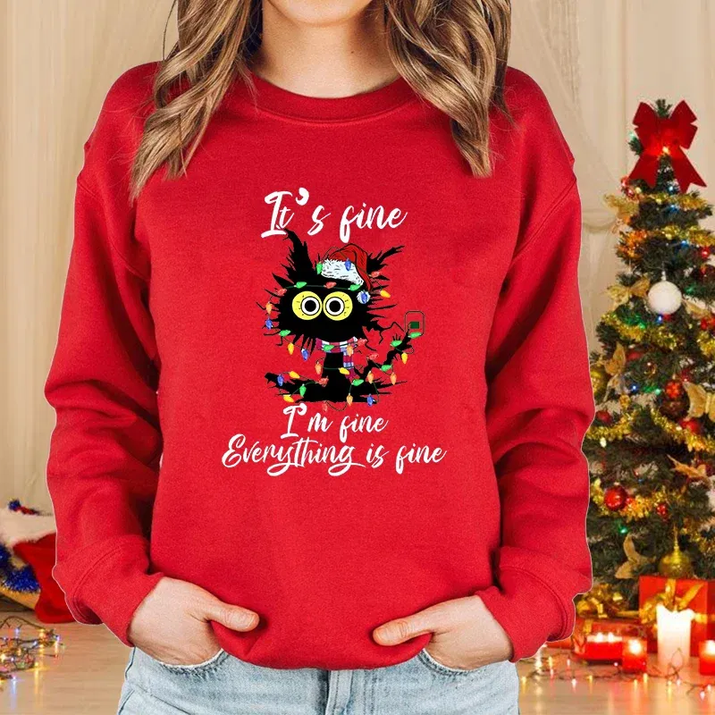Color: Dark Brown, Size: M - New fashion women's Christmas cat sweater long-sleeved round neck pullover sweater fall and winter Christmas women's tops