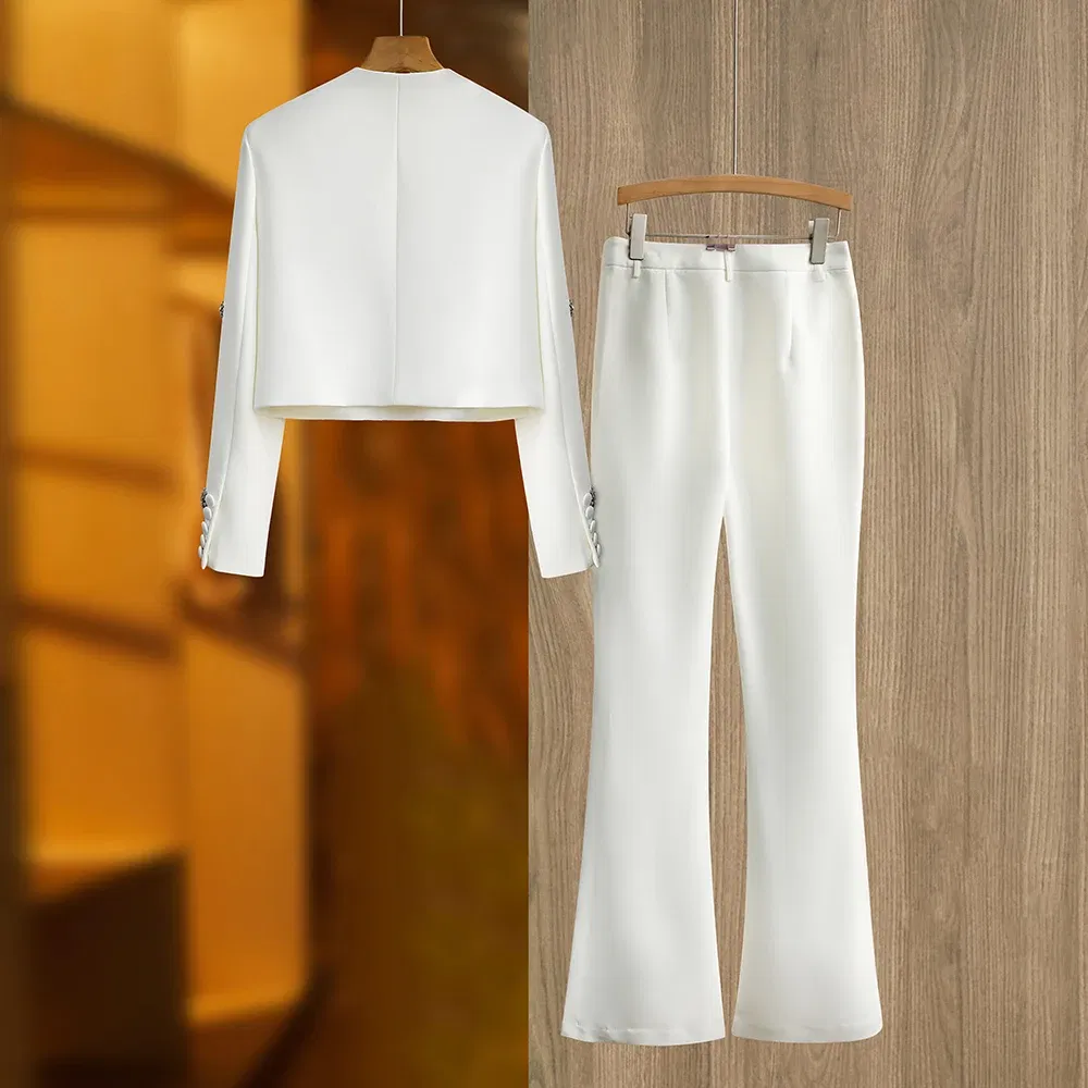 Color: WHITE, Size: L, Ships From: CHINA - Luxury Design Handmade Spark Rhinestone Women 2PCS Pants Suits Short Jacket Wide-leg Trousers High Street White Twin Sets