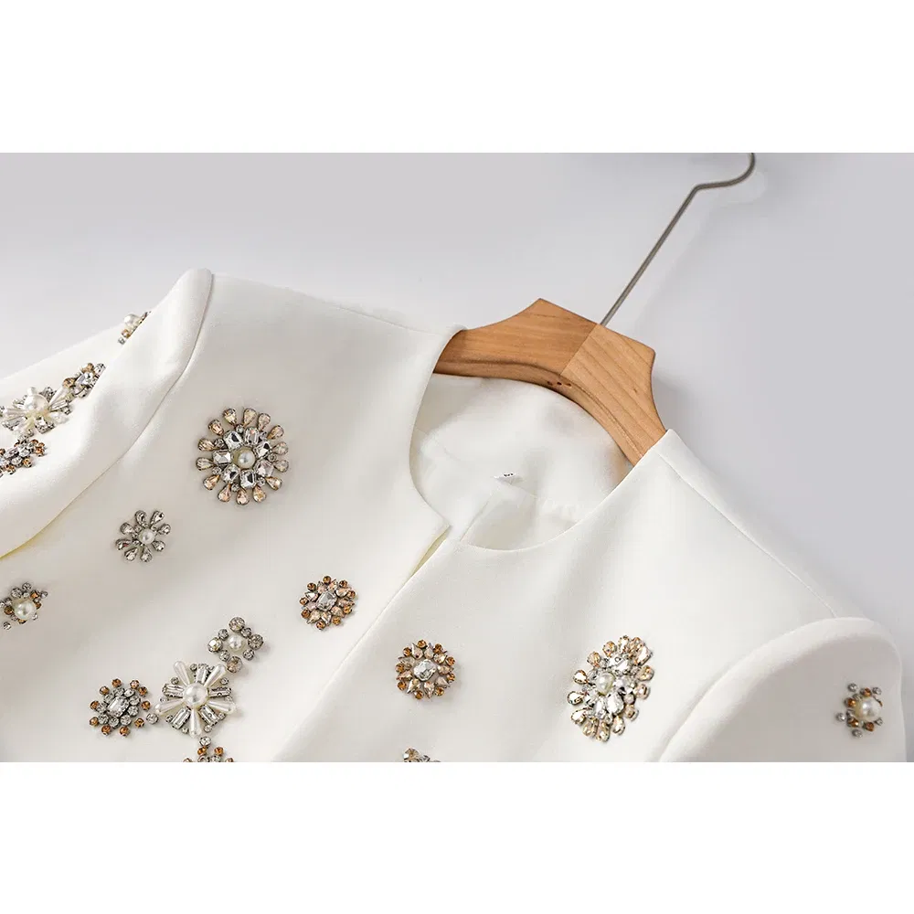 Color: WHITE, Size: L, Ships From: CHINA - Luxury Design Handmade Spark Rhinestone Women 2PCS Pants Suits Short Jacket Wide-leg Trousers High Street White Twin Sets