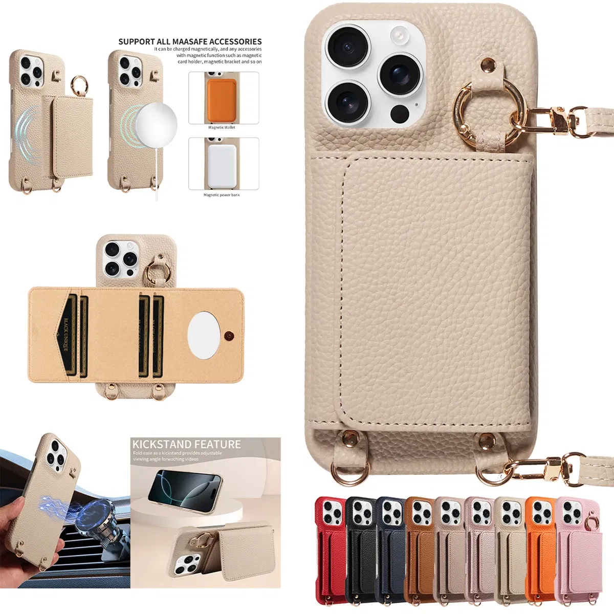 Color: Orange, Bundle: Case & Strap, Material: Artificial Leather, Compatibility by Model: iPhone 13 Pro - For IPhone16 15 Pro Max 14 13 12 Series PU Leather Magsafe Magnetic Wireless Charging Shockproof Crossbody Wallet Phone Case