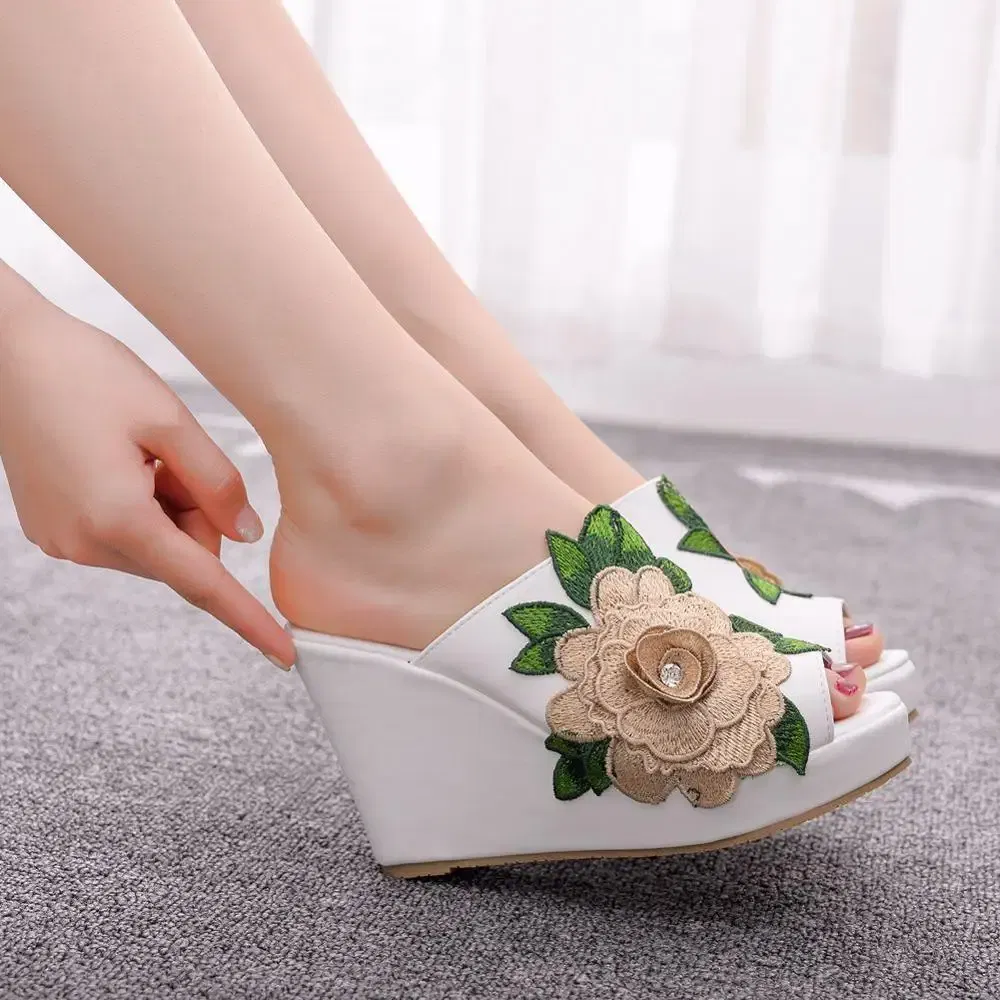 Color: WHITE, Shoe Size: 41 - Crystal Queen Black White Peep Toe Platform Wedges High Heels Slippers Beach Sandals Women Lace Flower